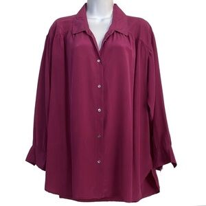 Burgundy Silk Oversized Button-front Blouse Top Medium Flowy Relaxed Oversized